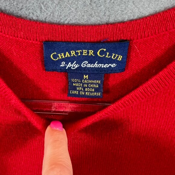 CHARTER CLUB 100% 2-PLY RED CASHMERE SWEATER crew neck short sleeve SZ M - Picture 2 of 4